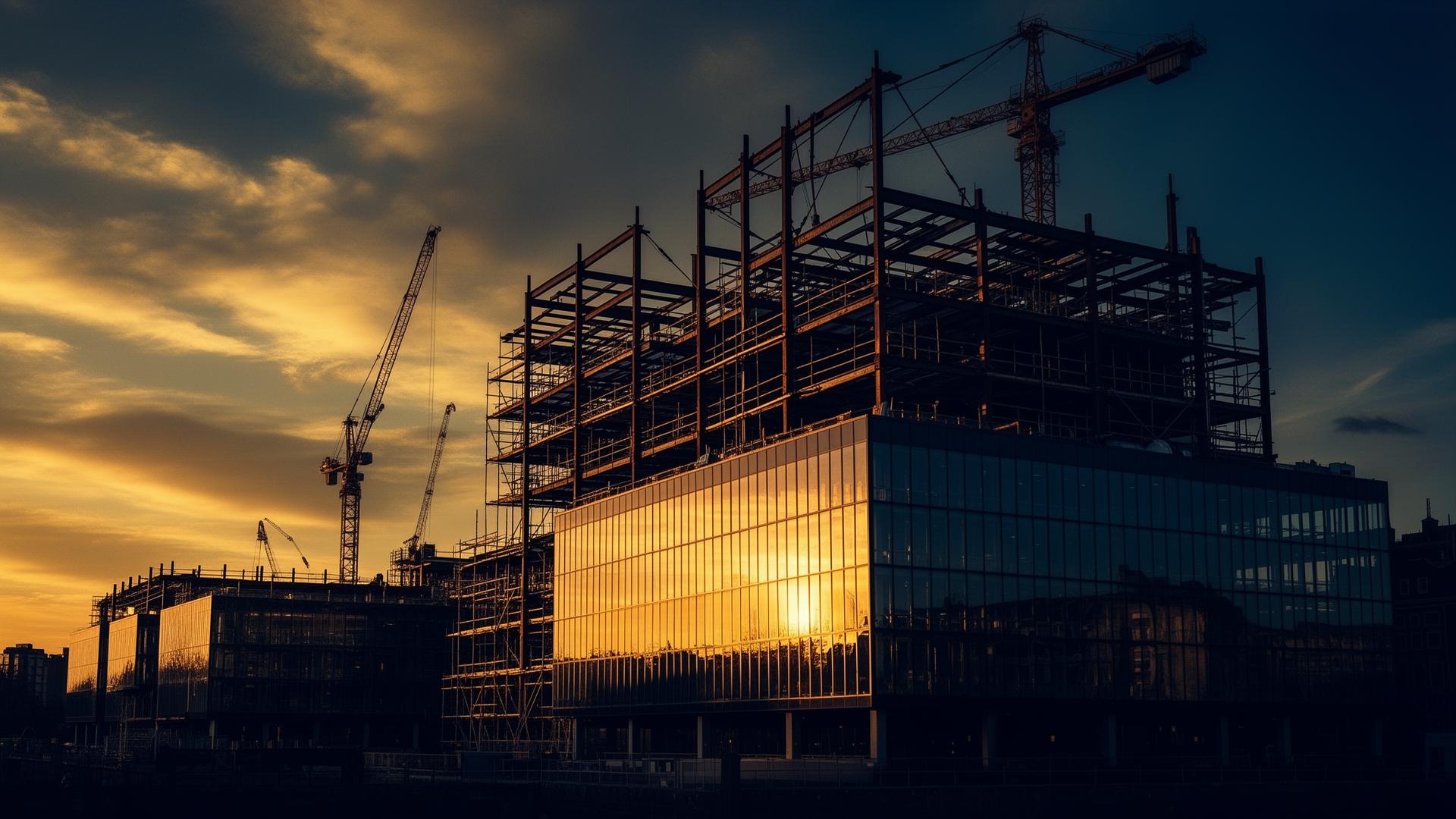 London commercial construction site at golden hour